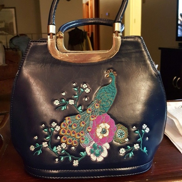 Dancing Days Handbags - Dancing Days navy leather baguette NWOT
